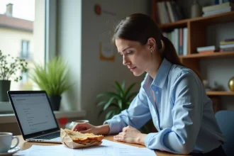 Femme active consultant ses documents fiscaux et reçus de repas à son bureau pour la déclaration de frais réels aux impôts 2026