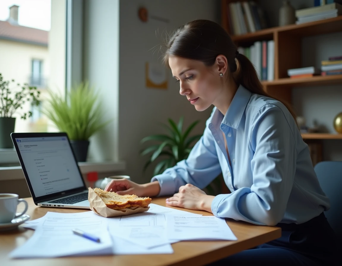 Femme active consultant ses documents fiscaux et reçus de repas à son bureau pour la déclaration de frais réels aux impôts 2026