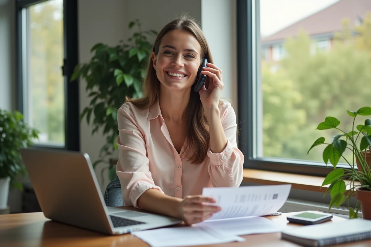 Femme au bureau organisant ses billets et utilisant son téléphone