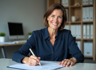 Femme d'âge moyen travaillant à son bureau en entreprise