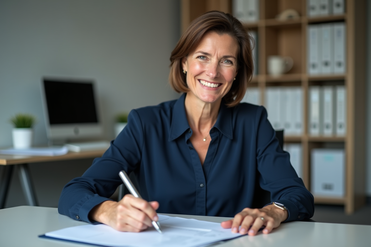 Femme d'âge moyen travaillant à son bureau en entreprise
