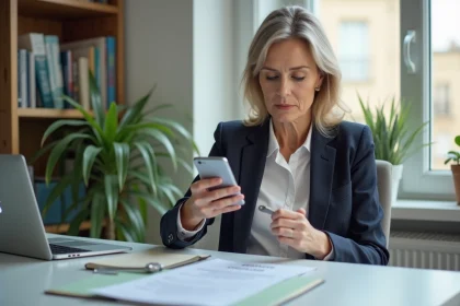 Femme d'&acirc;ge moyen dans un bureau moderne avec smartphone