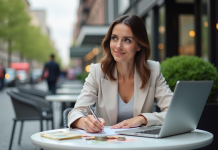 Femme pensante avec devises et ordinateur en extérieur