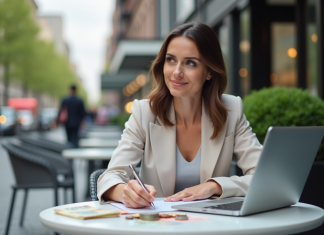 Investir : quelle monnaie choisir en ce moment ? Conseils et analyses Femme pensante avec devises et ordinateur en extérieur