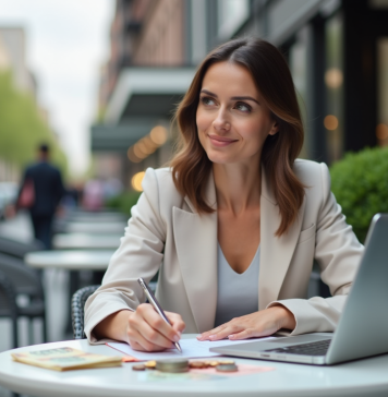 Femme pensante avec devises et ordinateur en extérieur