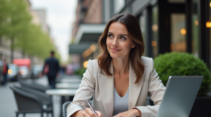 Investir : quelle monnaie choisir en ce moment ? Conseils et analyses Femme pensante avec devises et ordinateur en extérieur