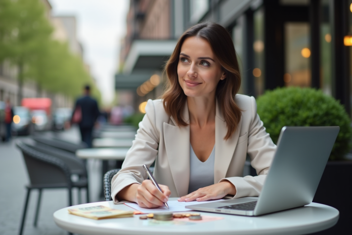 Femme pensante avec devises et ordinateur en extérieur