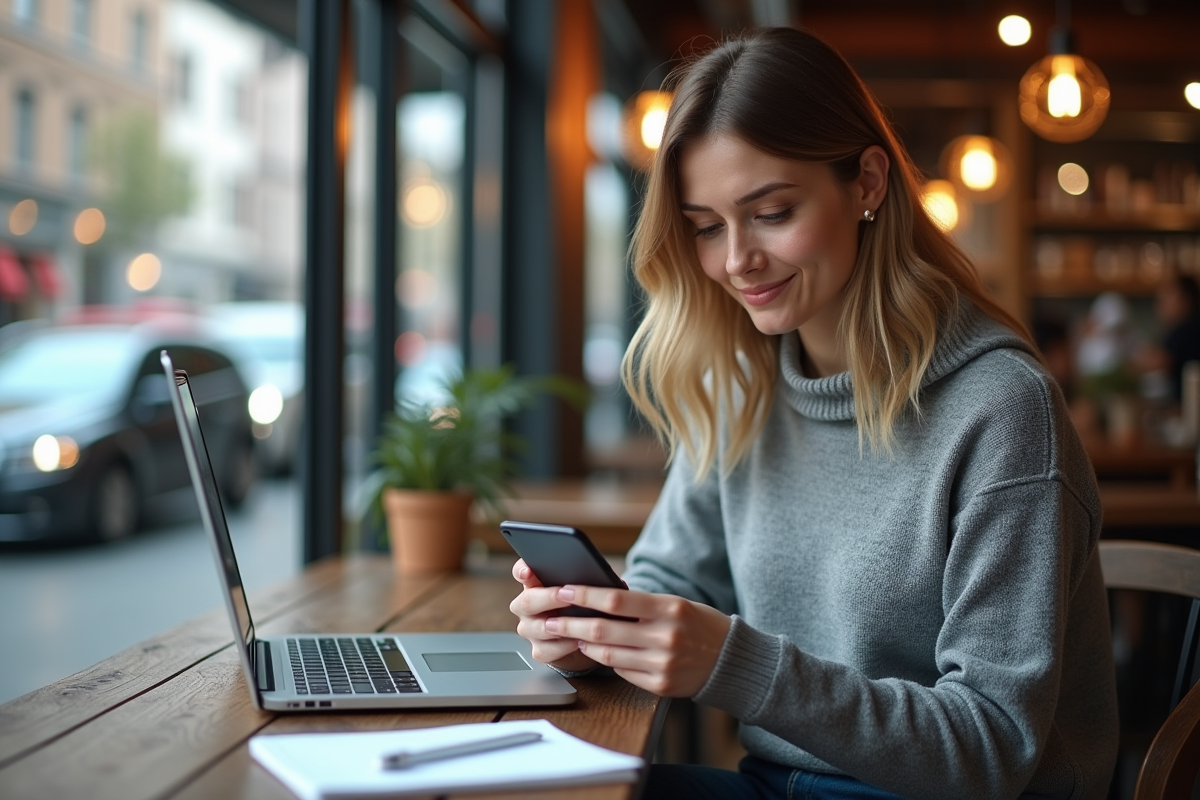 Femme en café vérifiant des graphiques boursiers sur smartphone