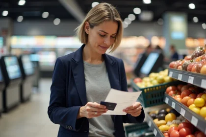 Femme comparant une carte de crédit et un ticket de caisse à la caisse d'un hypermarché Cora