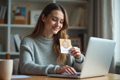 Femme utilisant une carte cadeau Kadeos Infini pour faire des achats sur Amazon depuis son bureau à domicile