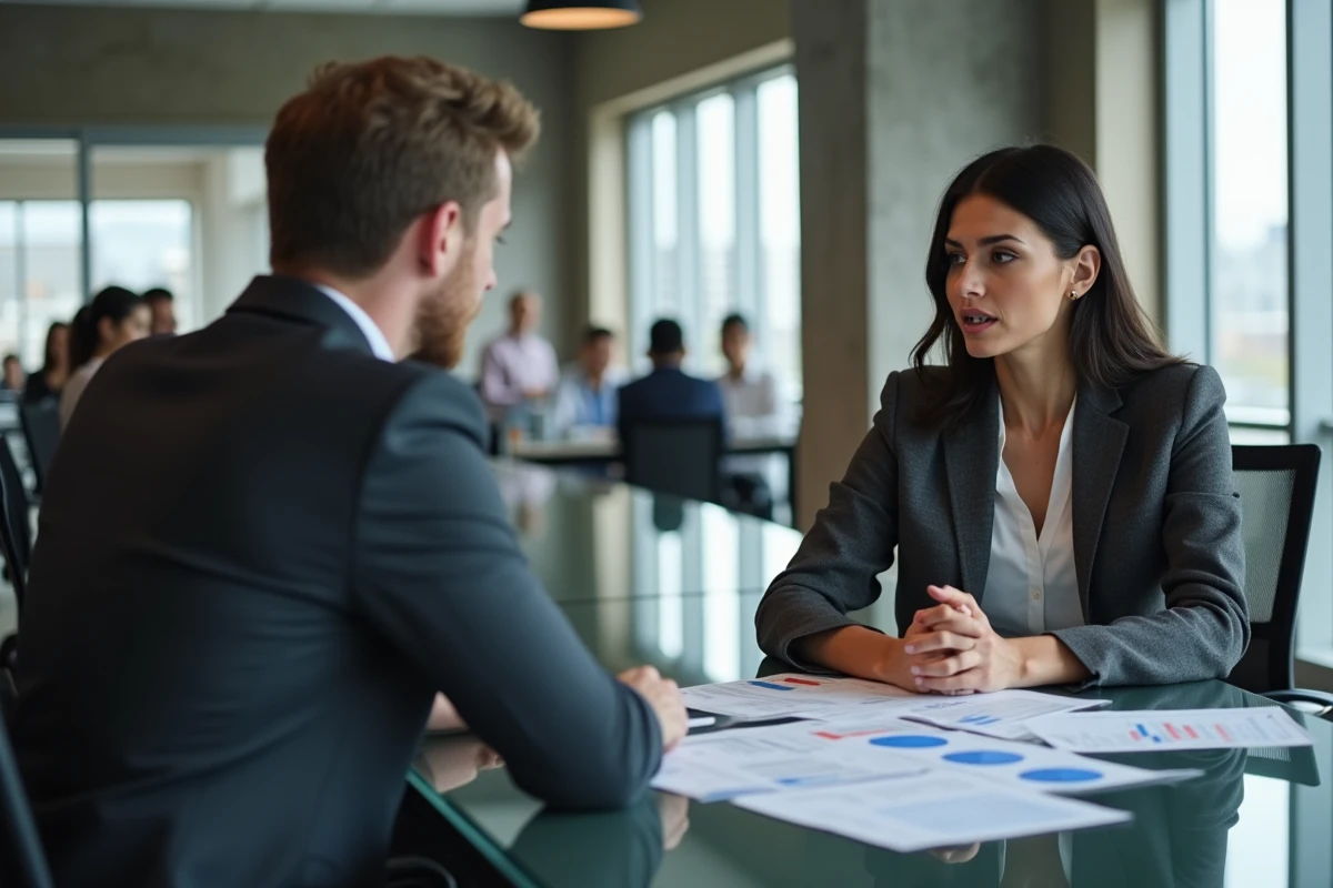 Femme cheffe d'entreprise discutant d'une solution de financement alternatif avec un conseiller financier en espace de coworking