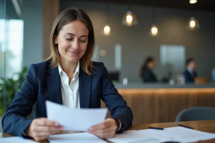 Femme consultant des documents bancaires dans une agence moderne pour comparer les taux de crédit