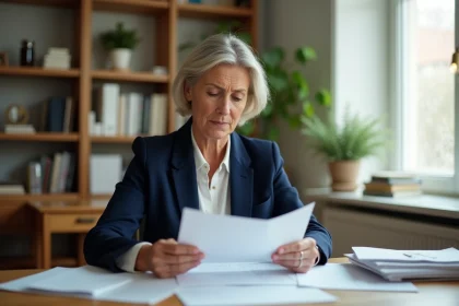 Femme comparant des courriers officiels de créances publiques et du Trésor public à son bureau à domicile