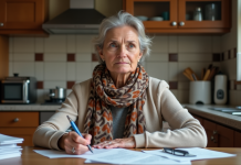 Femme concentrée examinant des documents dans la cuisine