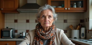 Femme concentrée examinant des documents dans la cuisine