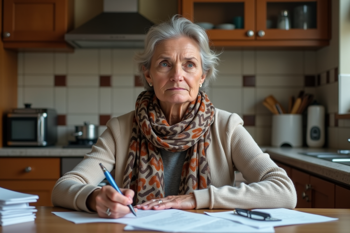 Femme concentrée examinant des documents dans la cuisine