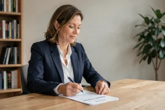 Femme professionnelle consultant un document de mutuelle santé AG2R La Mondiale dans un bureau moderne