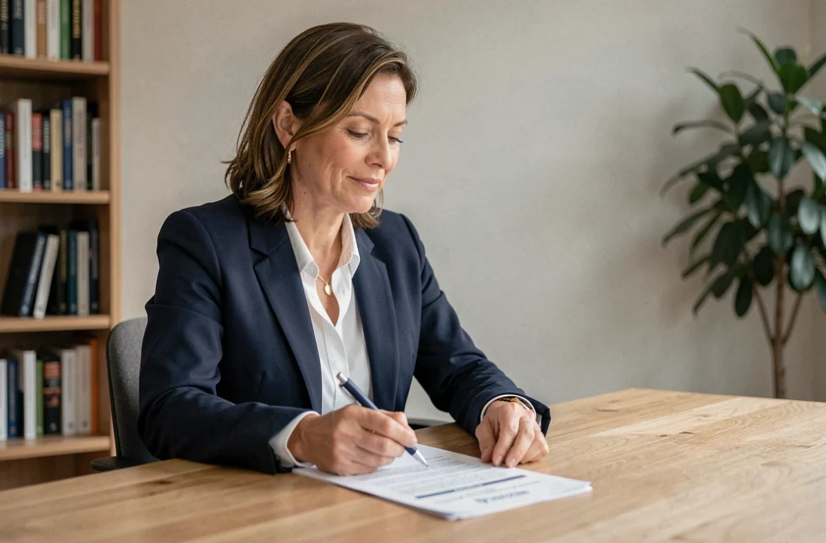 Femme professionnelle consultant un document de mutuelle santé AG2R La Mondiale dans un bureau moderne