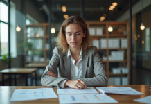 Passif négatif : pourquoi est-ce une mauvaise pratique à éviter ? Femme pensive au bureau avec papiers financiers