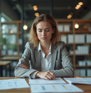 Femme pensive au bureau avec papiers financiers