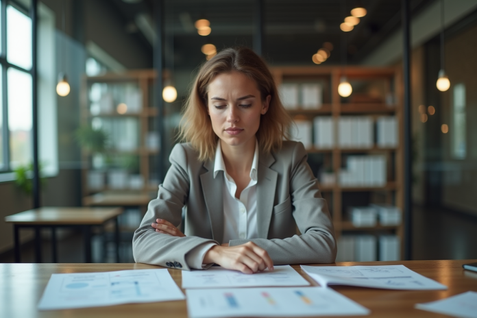 Femme pensive au bureau avec papiers financiers