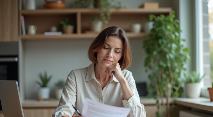 Femme d'âge moyen examinant des documents d'assurance