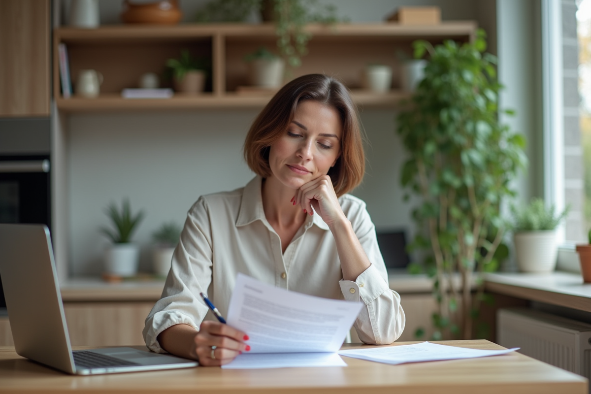 Femme d'âge moyen examinant des documents d'assurance