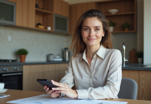 Femme d'affaires examine des documents de prêt immobilier