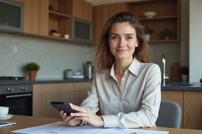 Femme d'affaires examine des documents de prêt immobilier