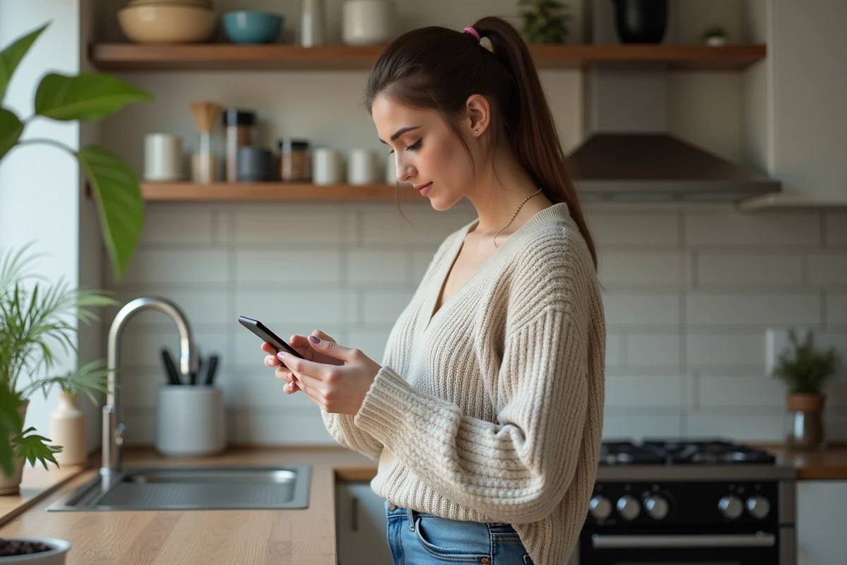 Jeune femme consulte une application bancaire sur son smartphone dans la cuisine