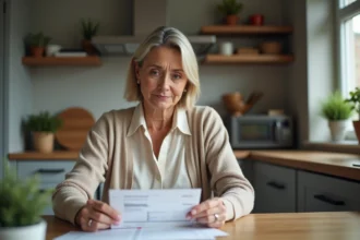 Femme d'âge moyen vérifiant un chèque à la maison