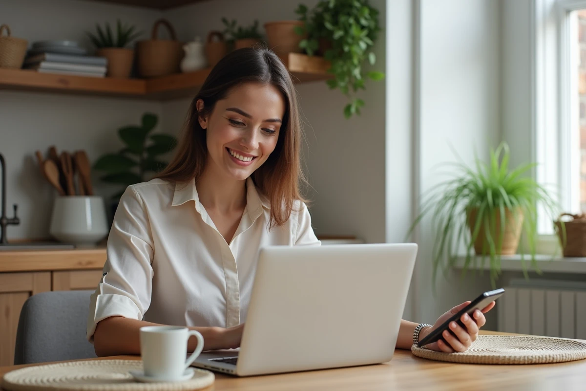 Femme assise à la cuisine avec ordinateur et smartphone