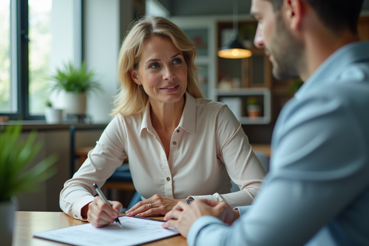 Femme professionnelle discutant avec un agent immobilier dans un bureau