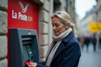 Une femme insère sa carte bancaire dans un distributeur automatique de La Banque Postale en ville