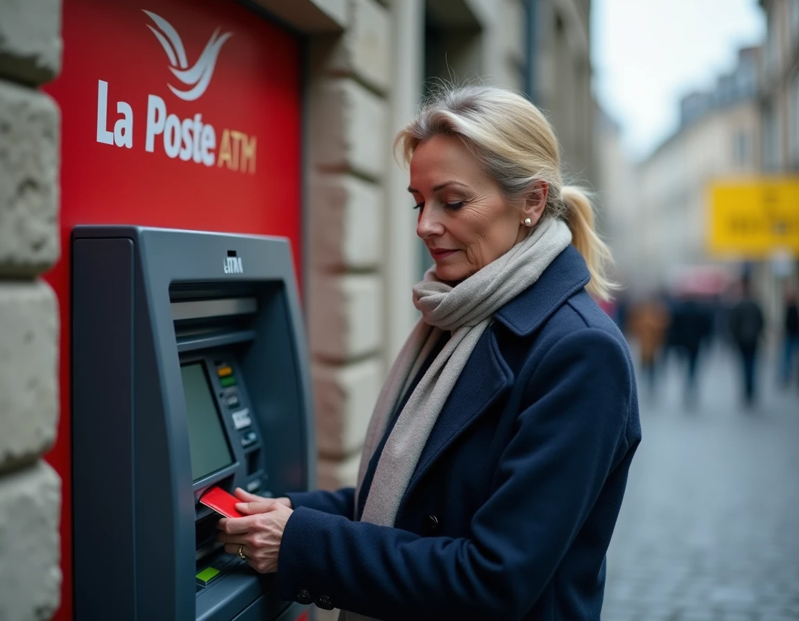 Une femme insère sa carte bancaire dans un distributeur automatique de La Banque Postale en ville