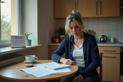 Femme consultant ses documents CAF et allocations familiales à la maison en 2026