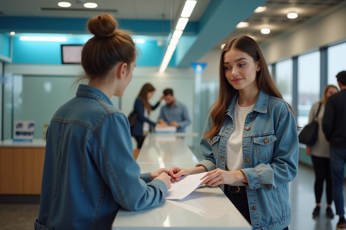 Jeune femme au guichet de banque avec document en main