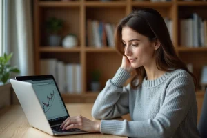 Jeune femme étudiant des graphiques ETF sur un ordinateur portable dans un bureau à domicile moderne