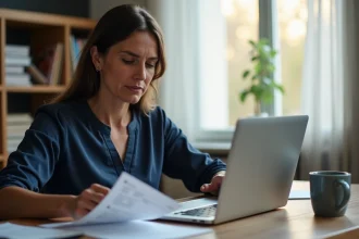 Femme examinant sa fiche de paie et son salaire brut net sur son bureau à domicile