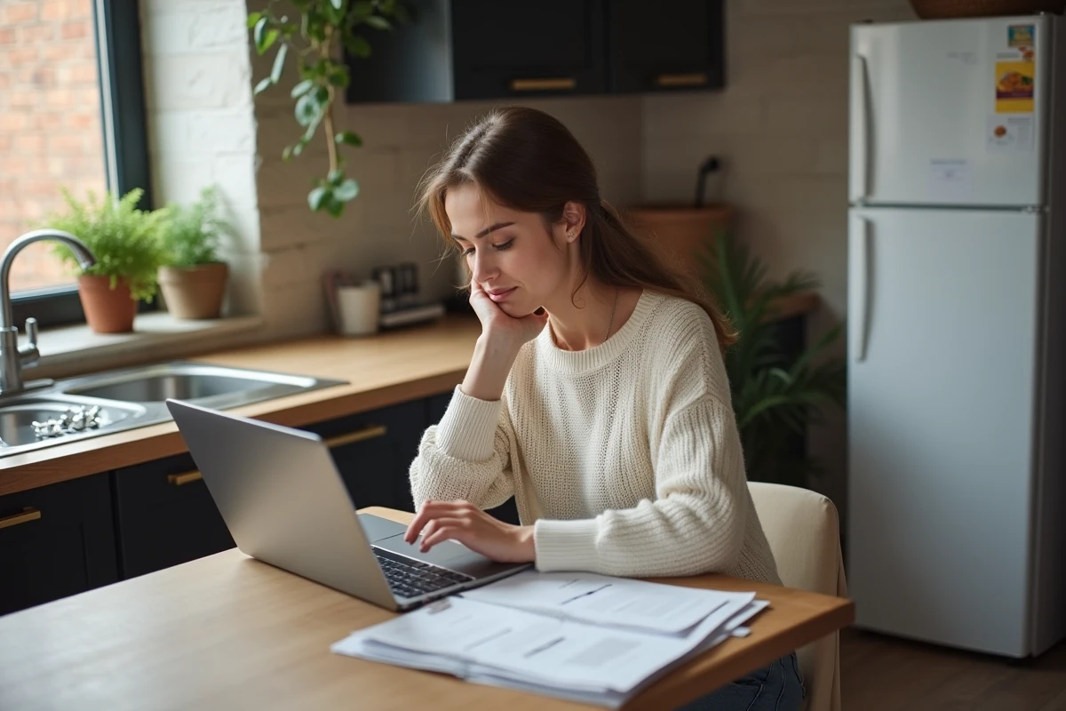 Femme concentrée à la maison en gestion financière