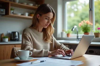 Femme concentrée sur formulaire fiscal à la maison