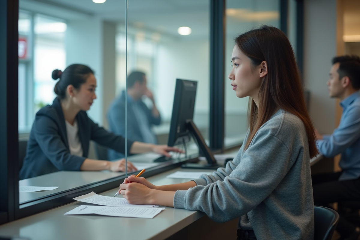 Jeune femme au guichet de banque patientant