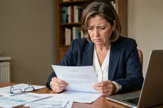 Femme inquiète lisant un courrier de blocage d'assurance vie Banque Postale à son bureau
