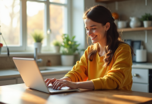 Jeune femme souriante utilisant un ordinateur dans une cuisine lumineuse