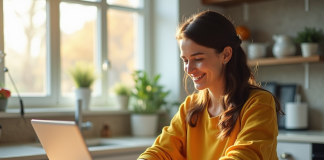 Jeune femme souriante utilisant un ordinateur dans une cuisine lumineuse