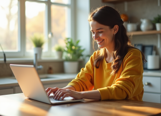 Les avantages de la création d’un compte Widilo Jeune femme souriante utilisant un ordinateur dans une cuisine lumineuse
