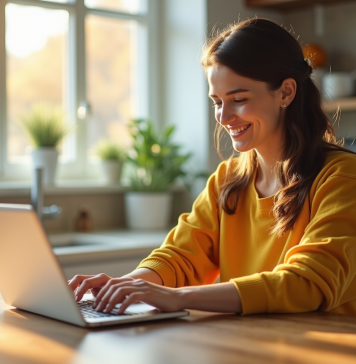 Jeune femme souriante utilisant un ordinateur dans une cuisine lumineuse