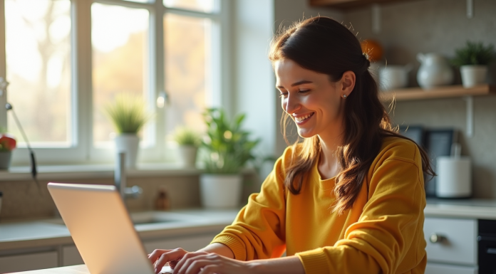 Jeune femme souriante utilisant un ordinateur dans une cuisine lumineuse