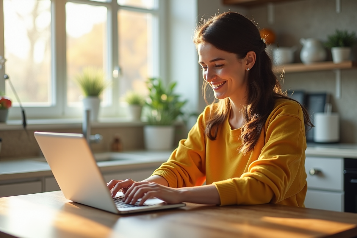 Jeune femme souriante utilisant un ordinateur dans une cuisine lumineuse