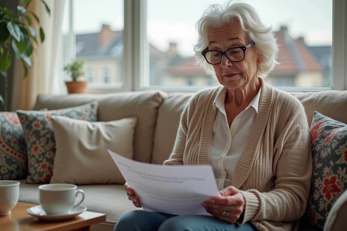 Femme âgée lisant une lettre dans son salon lumineux